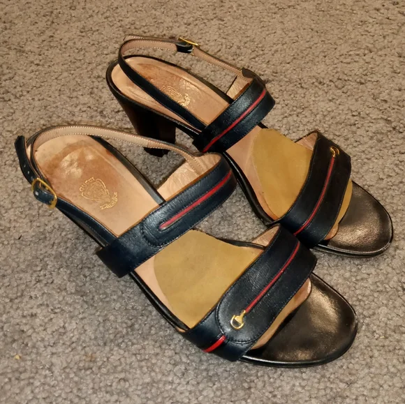 Gucci Italy Vintage Gold Bit Black Red Leather Sandals Heels Slides Shoes sz 38 - Picture 5 of 9